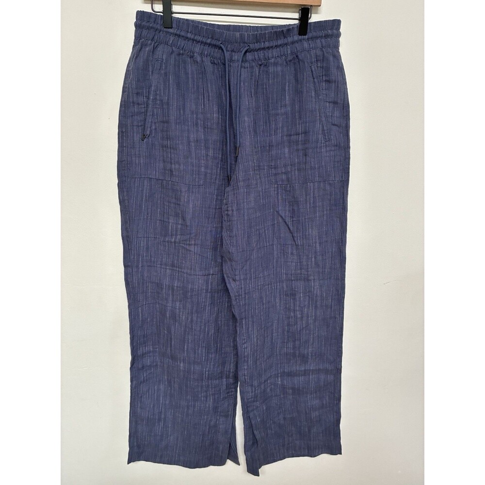 Athleta Blue Wide Leg 100% Linen Pull On Pants Relaxed Fit Size M Drawstring